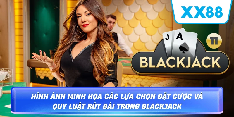Hình ảnh minh họa các lựa chọn đặt cược và quy luật rút bài trong Blackjack